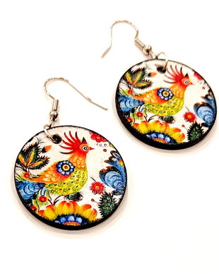 Cercei lemn motiv floral alb rosu galben - ucrainian folk art - 2621