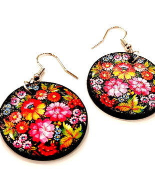 Cercei lemn motiv floral folk rosu negru - 2625