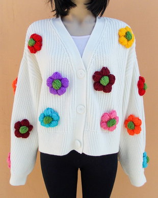 Pulover cu flori mari 3D multicolore/ Jacheta alba reinterpretata inflorata