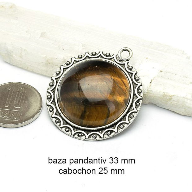 Kit pandantiv aliaj cu cabochon Ochi de Tigru, 33 mm, AD 747