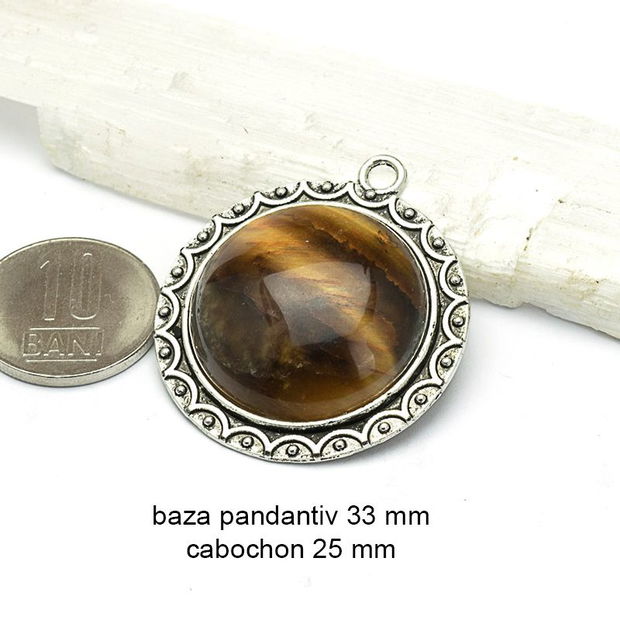 Kit pandantiv aliaj cu cabochon Ochi de Tigru, 33 mm, AD 748