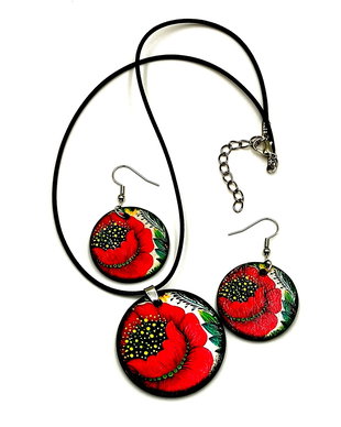 Set colier si cercei lemn cu maci rosii, folk art (2632)