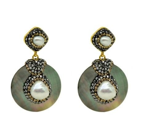 K1570 # Cercei cu tija, scoica / sidef, perle de cultura albe, cristale rhinestone negru si auriu