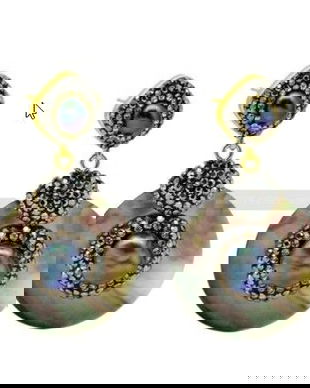 K1571 # Cercei cu tija, scoica / sidef, perle de cultura nuante peacock, cristale rhinestone negru si auriu