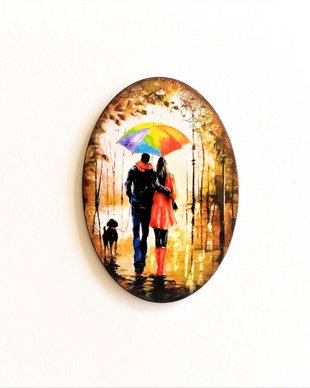 Magnet frigider oval - plimbare prin ploaie cu catelul - 2668