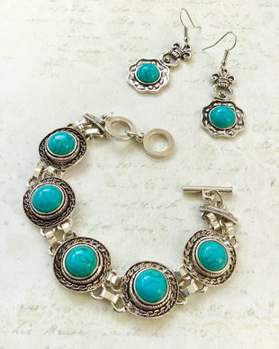 Set vintage turcoaz & aliaj argintiu antichizat