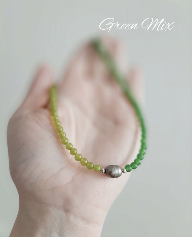 Colier/Choker din jad, argint și perlă de cultură Green Mix