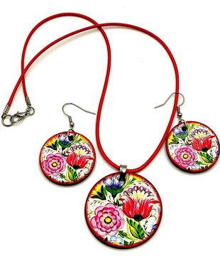 Set colier si cercei lemn, folk art - 2636