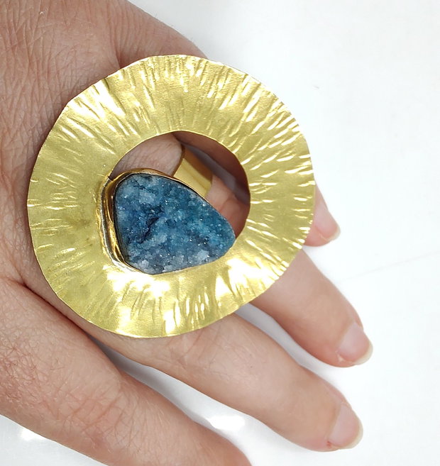 Inel alama şi cuarţ druzy colorat, inel rotund, inel mare, inel cerc