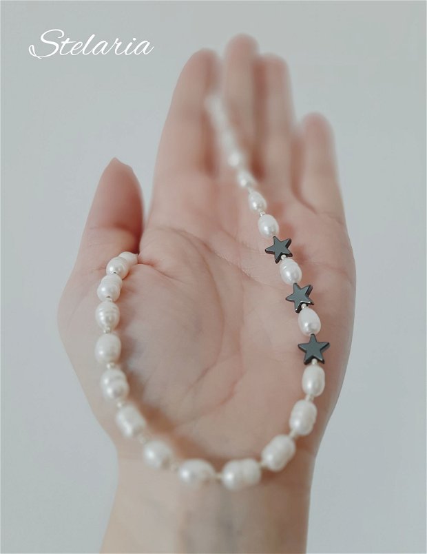 Colier/Choker argint cu perle de cultură și steluțe