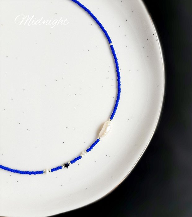 Colier/Choker din argint cu perle de cultură, stea hematit și Toho albastru-safir