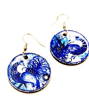 Cercei lemn - motiv floral folk art albastru - 2639
