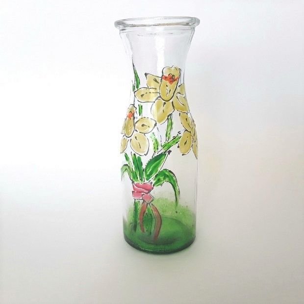 Vaza decorativa din sticla pictată manual cu narcise galbene