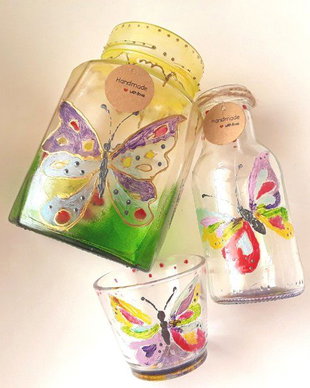 Set 3 piese din sticla pictate manual