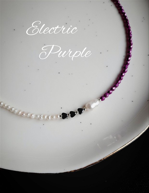 Colier/Choker argint cu perle naturale Electric Purple