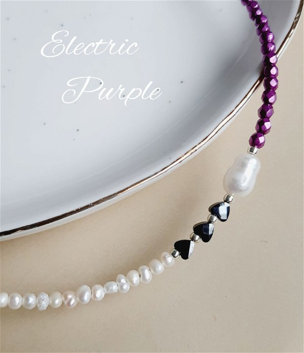 Colier/Choker argint cu perle naturale Electric Purple