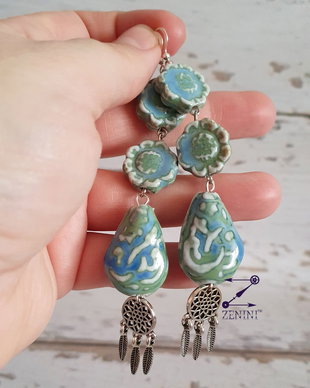Cercei statement Dream catcher si flori turcoaz