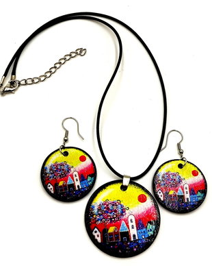 Set colier si cercei lemn - design copacel si casute colorate - 2654