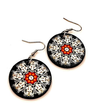 Cercei lemn - mandala negru alb rosu - 2655