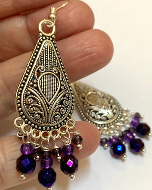 CERCEI LUNGI~PURPLE REFLECTIONS~hematit electroplacat,cristale,toho,accesorii argintate