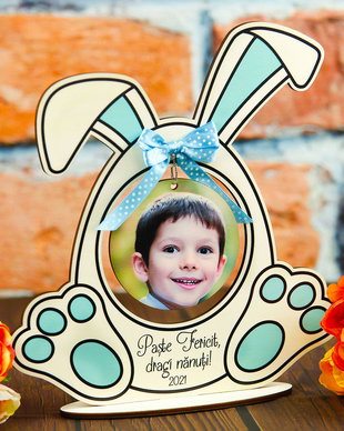 Decoratiune personalizata din lemn pentru Paste - Iepuras cu poza si text