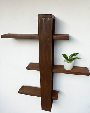 Raft din lemn pentru perete cu 3 polițe,Decor din lemn, Ornamente decorative, Maro 76-63-9 cm