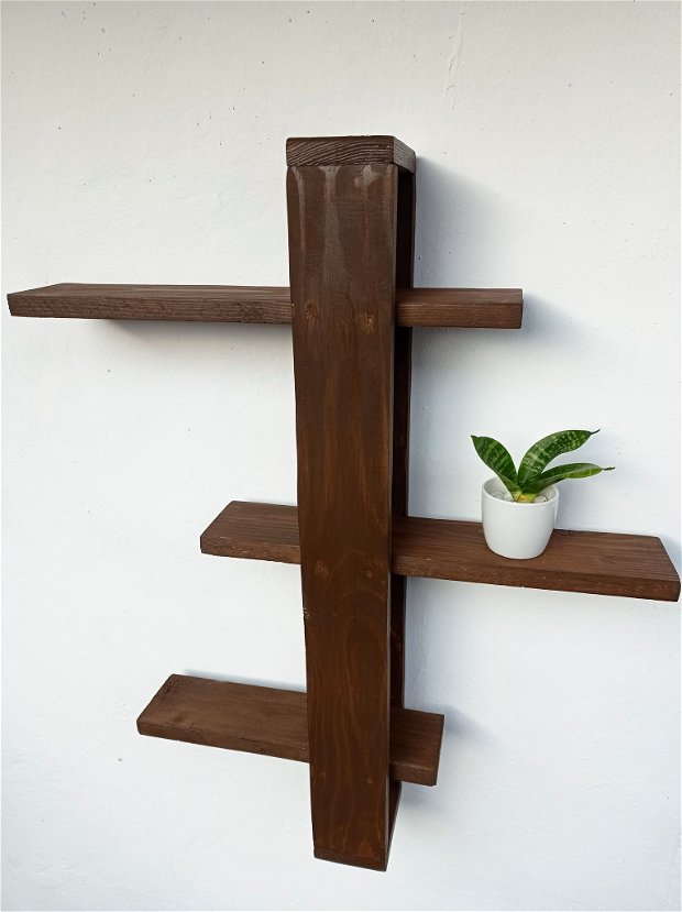 Raft din lemn pentru perete cu 3 polițe,Decor din lemn, Ornamente decorative, Maro 76-63-9 cm