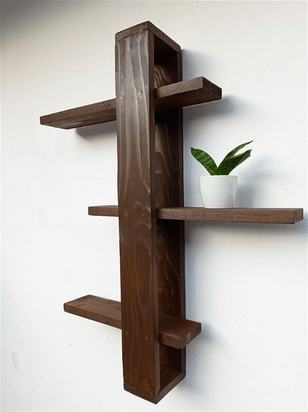 Raft din lemn pentru perete cu 3 polițe,Decor din lemn, Ornamente decorative, Maro 76-63-9 cm