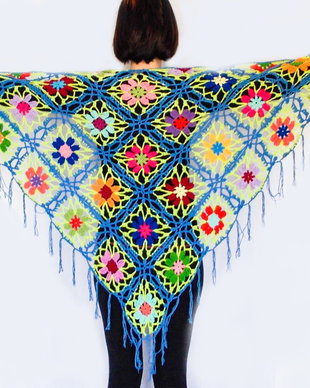 Sal bleu cu flori multicolore crosetat, boho chic, hippie, handmade