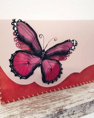 poseta plic handmade unicat din piele- Pink Butterfly