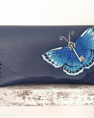 poseta plic handmade unicat din piele- Pink Butterfly