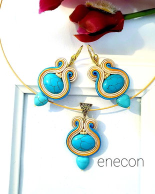 Set turcoaz cu bej si portocaliu, Bijuterii soutache