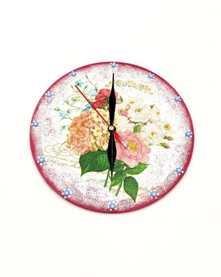 Ceas lemn 18 cm - hortensie si trandafiri - 2707
