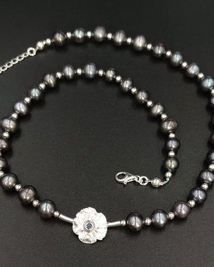 Colier perle naturale de cultura, argint si diamant moissanit (certificat GRA)