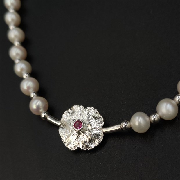 Colier perle naturale de cultura, argint si diamant moissanit (certificat GRA)