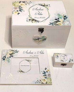 Set nunta, format din cufar de dar, rama foto si cutie pentru verighete, din lemn, personalizate, tema florala, alb si verde
