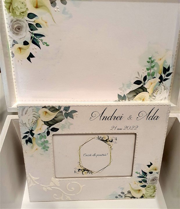 Set nunta, format din cufar de dar, rama foto si cutie pentru verighete, din lemn, personalizate, tema florala, alb si verde