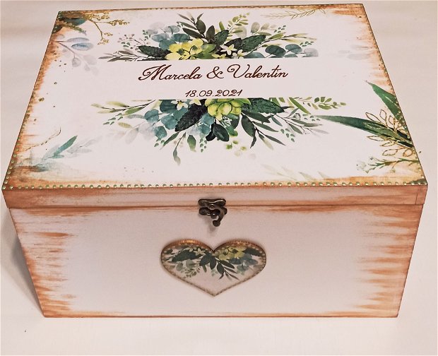 Cufar din lemn personalizabil, 30/20/18 cm sau 40/30/20 cm, pentru nunta / trusoul miresei, tema florala / eucalipt/ verde