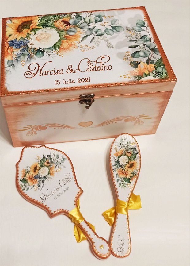 Cufar din lemn personalizabil, 30/20/18 cm sau 40/30/20 cm, pentru nunta / trusou mireasa, tema floarea soarelui