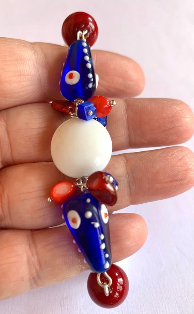 BRATARA ~BLUE,RED & WHITE~ lampwork,murano,sidef,perle Mallorca,accesorii argintate