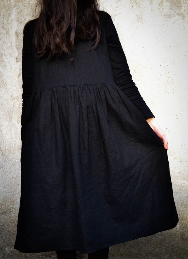 Rochie midi din in de culoare neagră