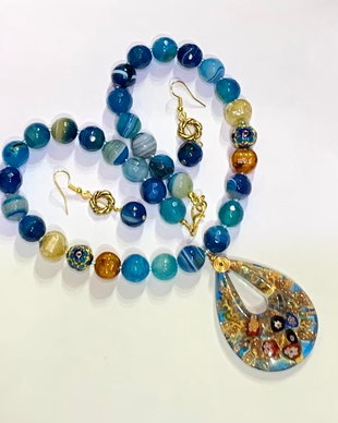 SET~BLUE GOLDEN SANDS~agate,murano,email,accesorii aurii