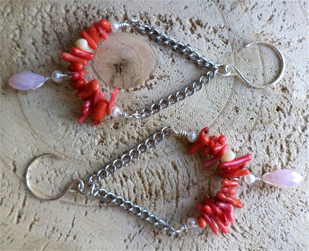 cercei din piatra de coral,perle de cultura si briolete tip swarovski - red earrings