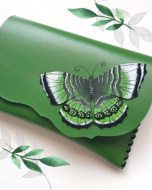 poseta plic handmade unicat din piele- Green Butterfly