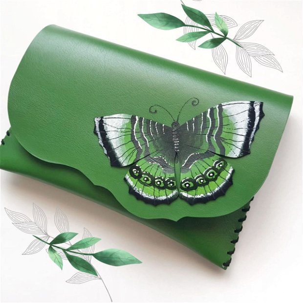 poseta plic handmade unicat din piele- Green Butterfly