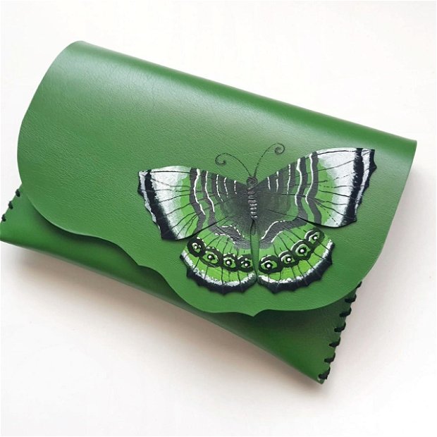 poseta plic handmade unicat din piele- Green Butterfly