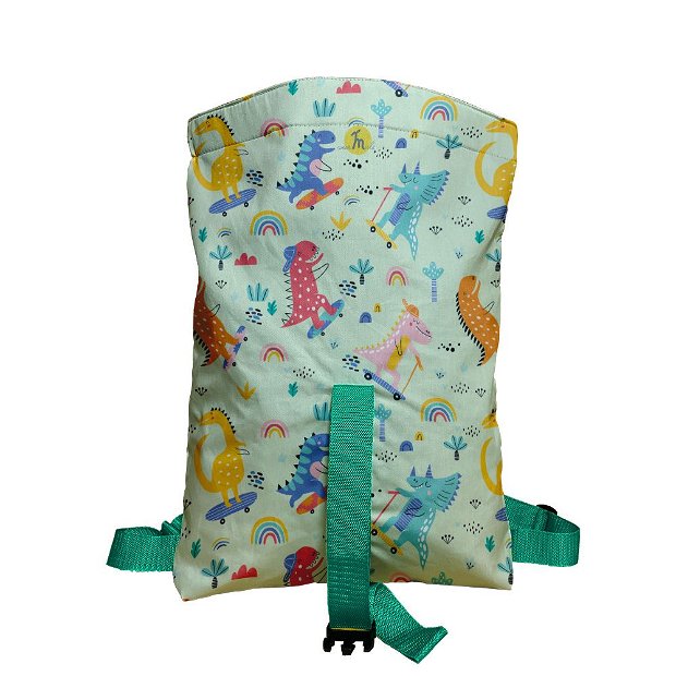 Rucsac Handmade Backpack pentru Copii, Dinozauri pe Trotineta si Skate, Multicolor, 45x37 cm