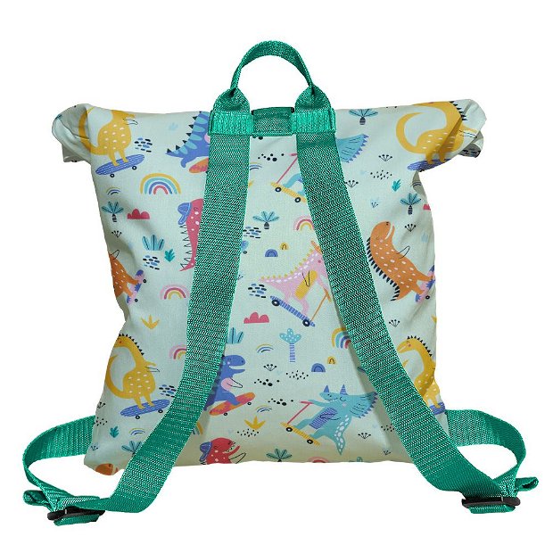 Rucsac Handmade Backpack pentru Copii, Dinozauri pe Trotineta si Skate, Multicolor, 45x37 cm