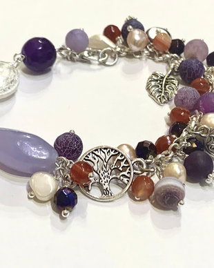 BRATARA~PURPLE TREE OF LIFE~agate,hematit,perle de cultura,murano,lampwork,accesorii argintate
