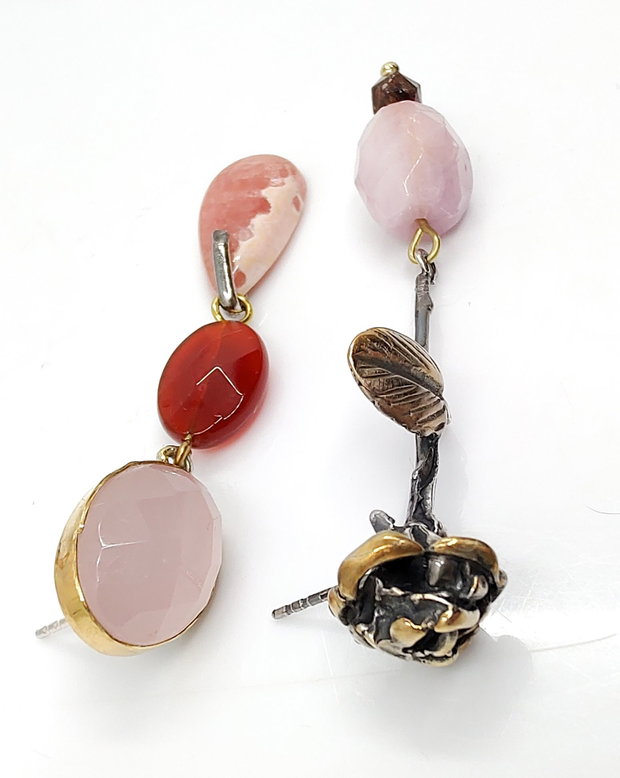 ROSIE'S ROSE Cercei asimetrici din argint, cuart roz,  kunzit, granat, cercei lungi argint, cercei statement, cercei handmade